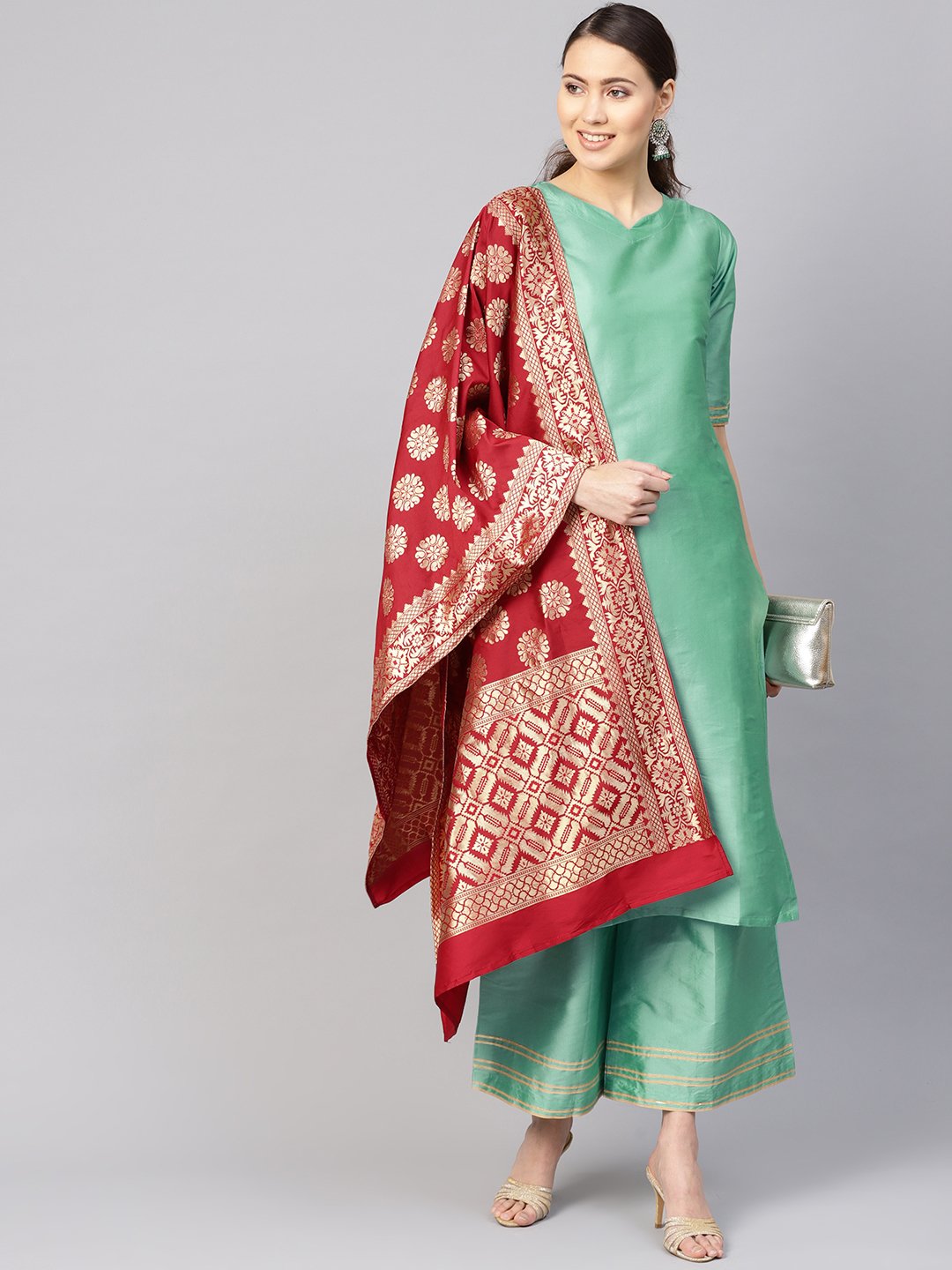 Women Sea Green & Maroon Solid Kurta With Palazzos & Dupatta | LASVINI - Redefining Indian Fashion with Elegance