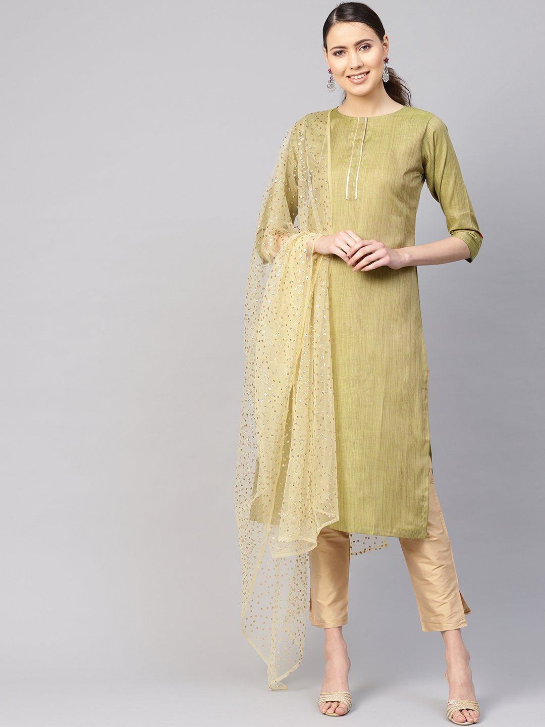 Women Green & Beige Solid Kurta With Trousers & Dupatta | LASVINI - Redefining Indian Fashion with Elegance