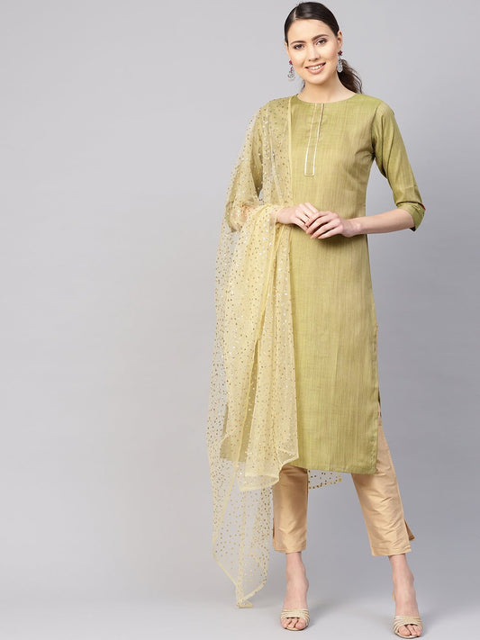 Women Green & Beige Solid Kurta With Trousers & Dupatta | LASVINI - Redefining Indian Fashion with Elegance