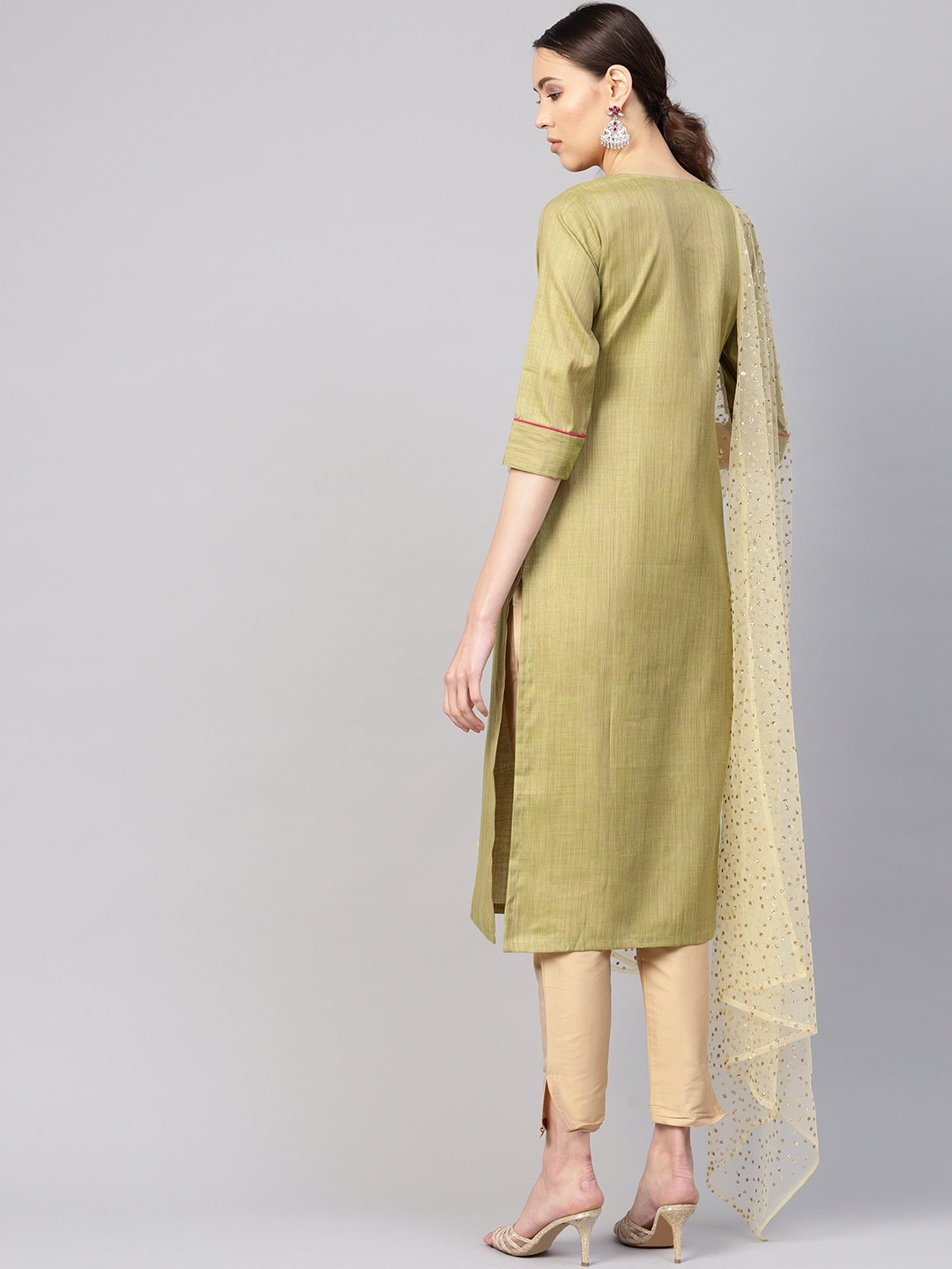 Women Green & Beige Solid Kurta With Trousers & Dupatta | LASVINI - Redefining Indian Fashion with Elegance