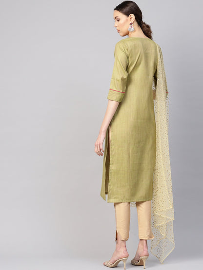 Women Green & Beige Solid Kurta With Trousers & Dupatta | LASVINI - Redefining Indian Fashion with Elegance