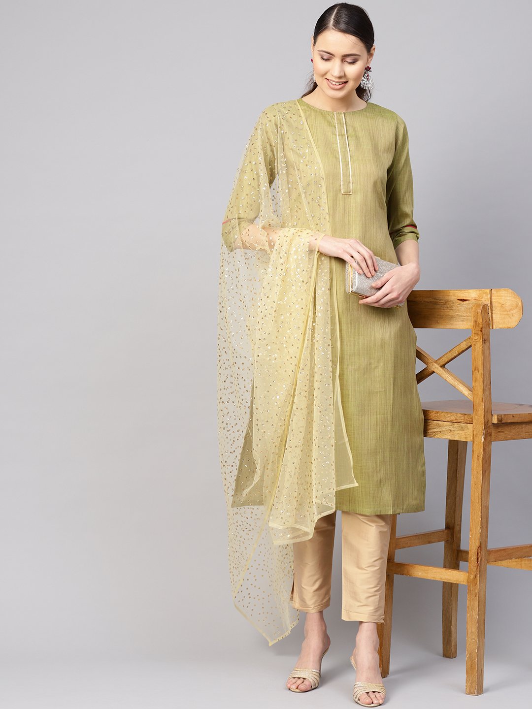 Women Green & Beige Solid Kurta With Trousers & Dupatta | LASVINI - Redefining Indian Fashion with Elegance