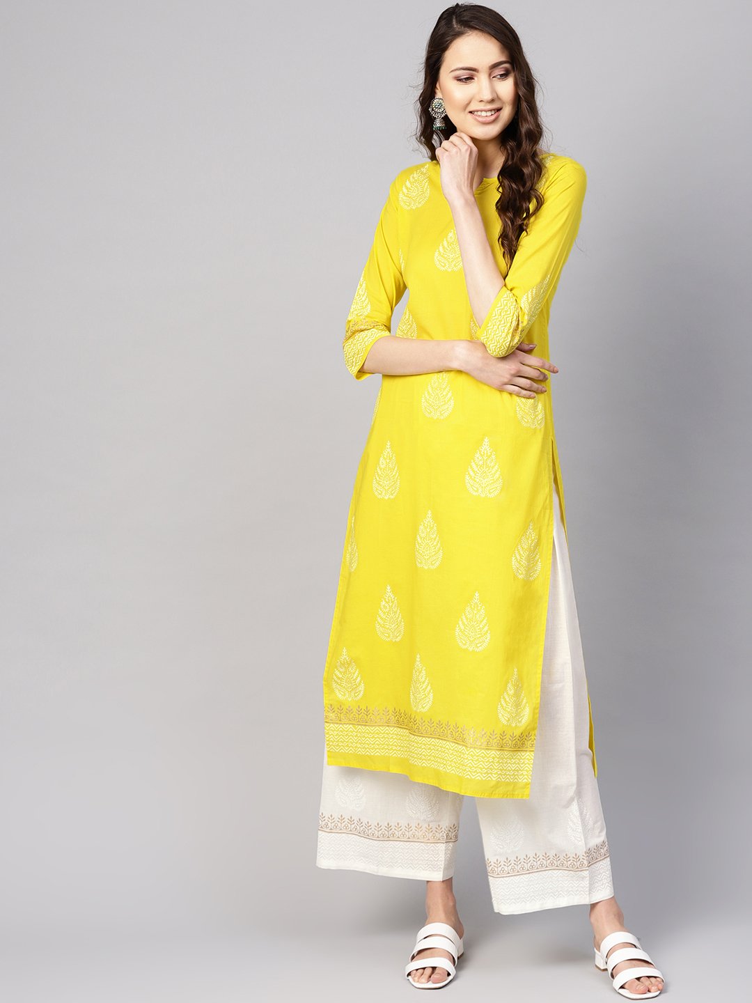 Women Yellow & White Printed Kurta With Palazzos | LASVINI - Redefining Indian Fashion with Elegance