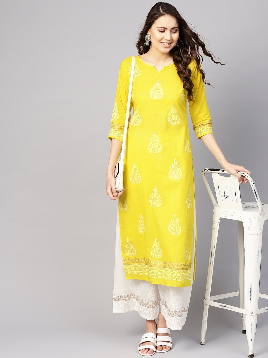 Women Yellow & White Printed Kurta With Palazzos | LASVINI - Redefining Indian Fashion with Elegance