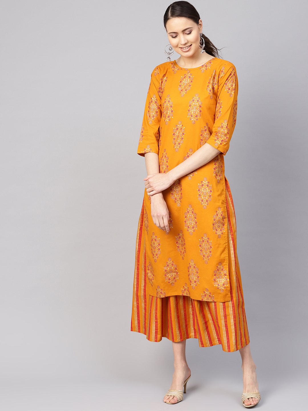 Women Mustard Yellow & Pink Printed Kurta With Skirt | LASVINI - Redefining Indian Fashion with Elegance