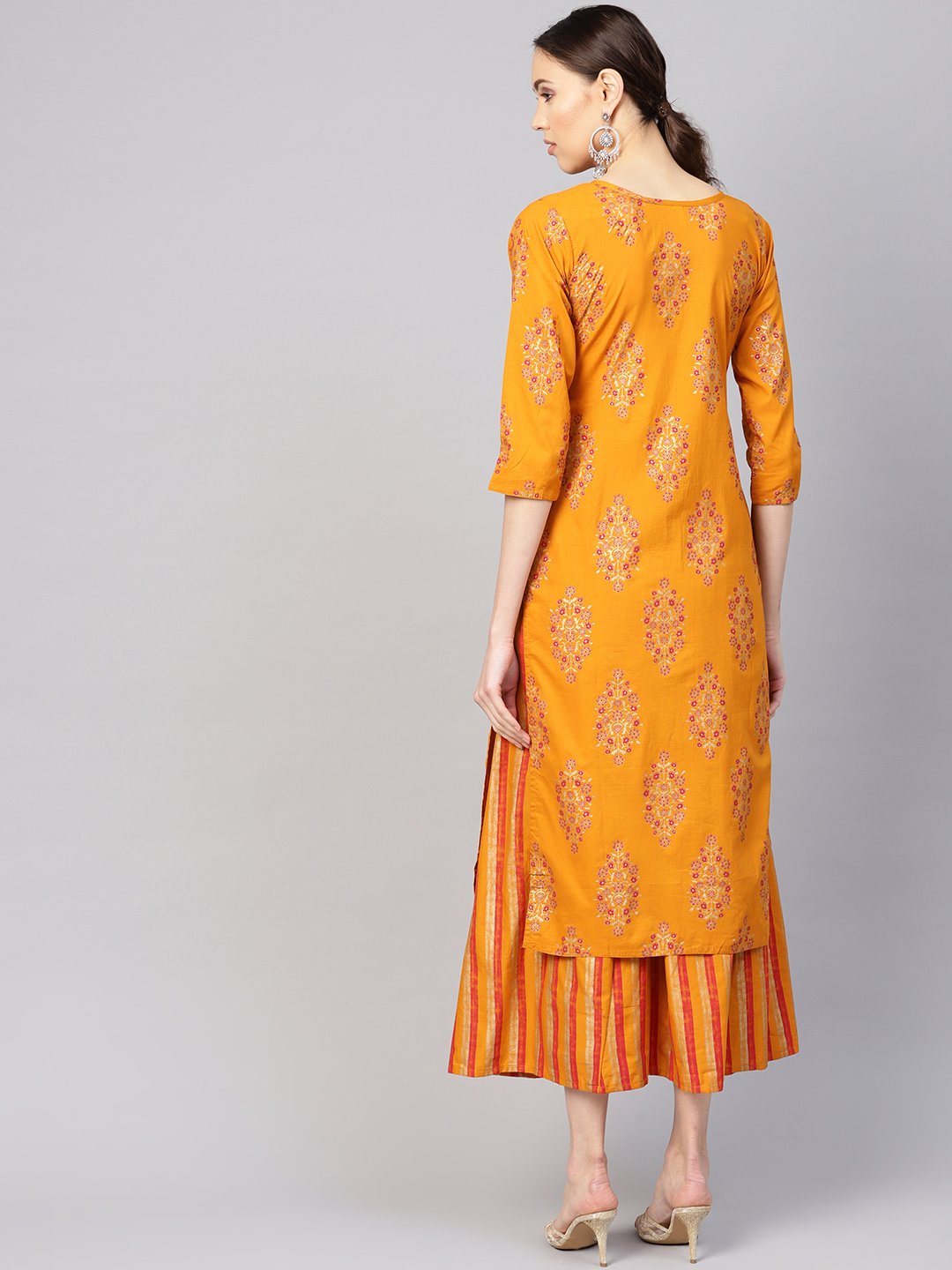 Women Mustard Yellow & Pink Printed Kurta With Skirt | LASVINI - Redefining Indian Fashion with Elegance