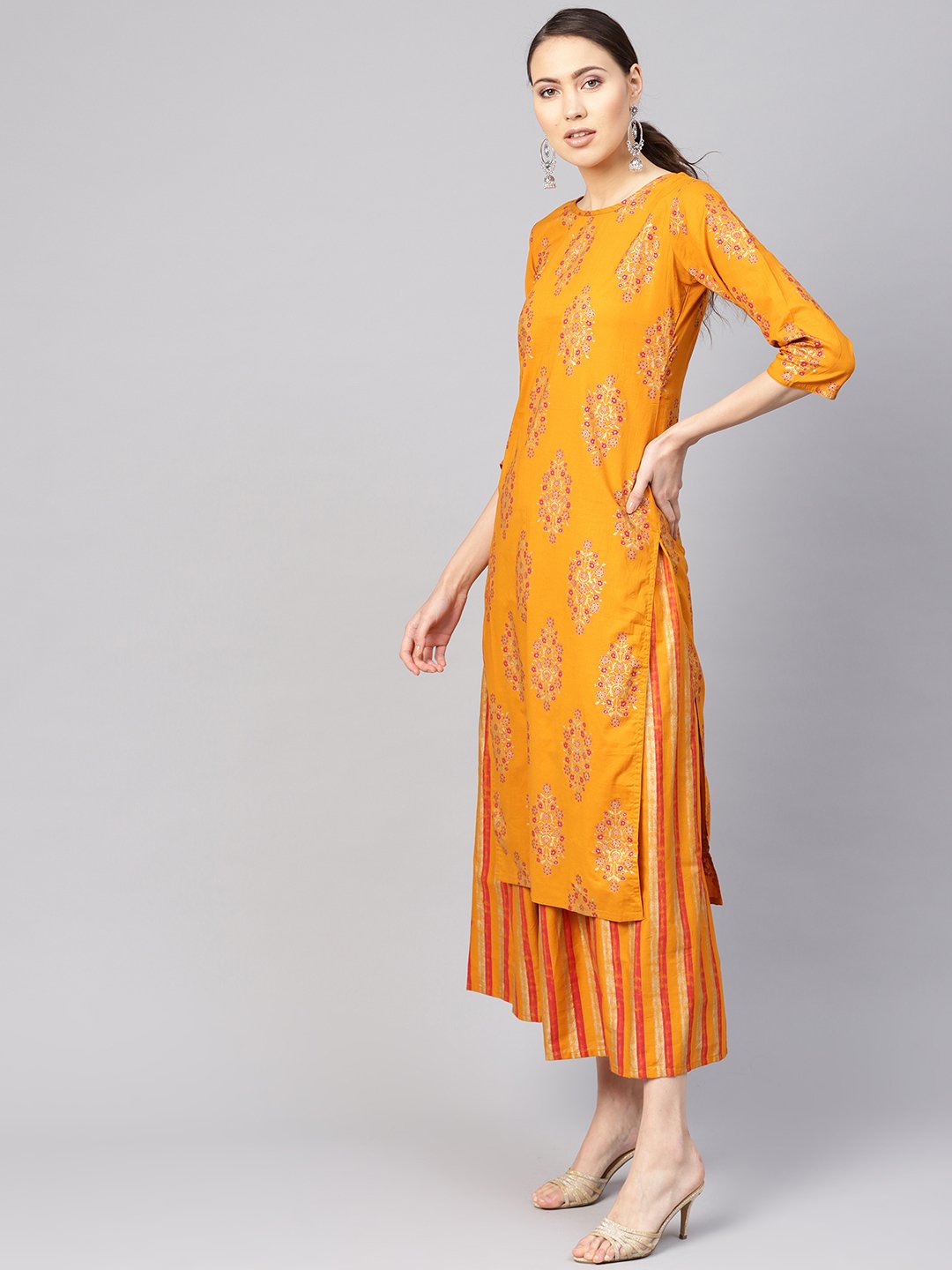 Women Mustard Yellow & Pink Printed Kurta With Skirt | LASVINI - Redefining Indian Fashion with Elegance