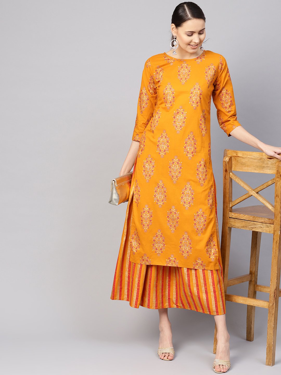 Women Mustard Yellow & Pink Printed Kurta With Skirt | LASVINI - Redefining Indian Fashion with Elegance