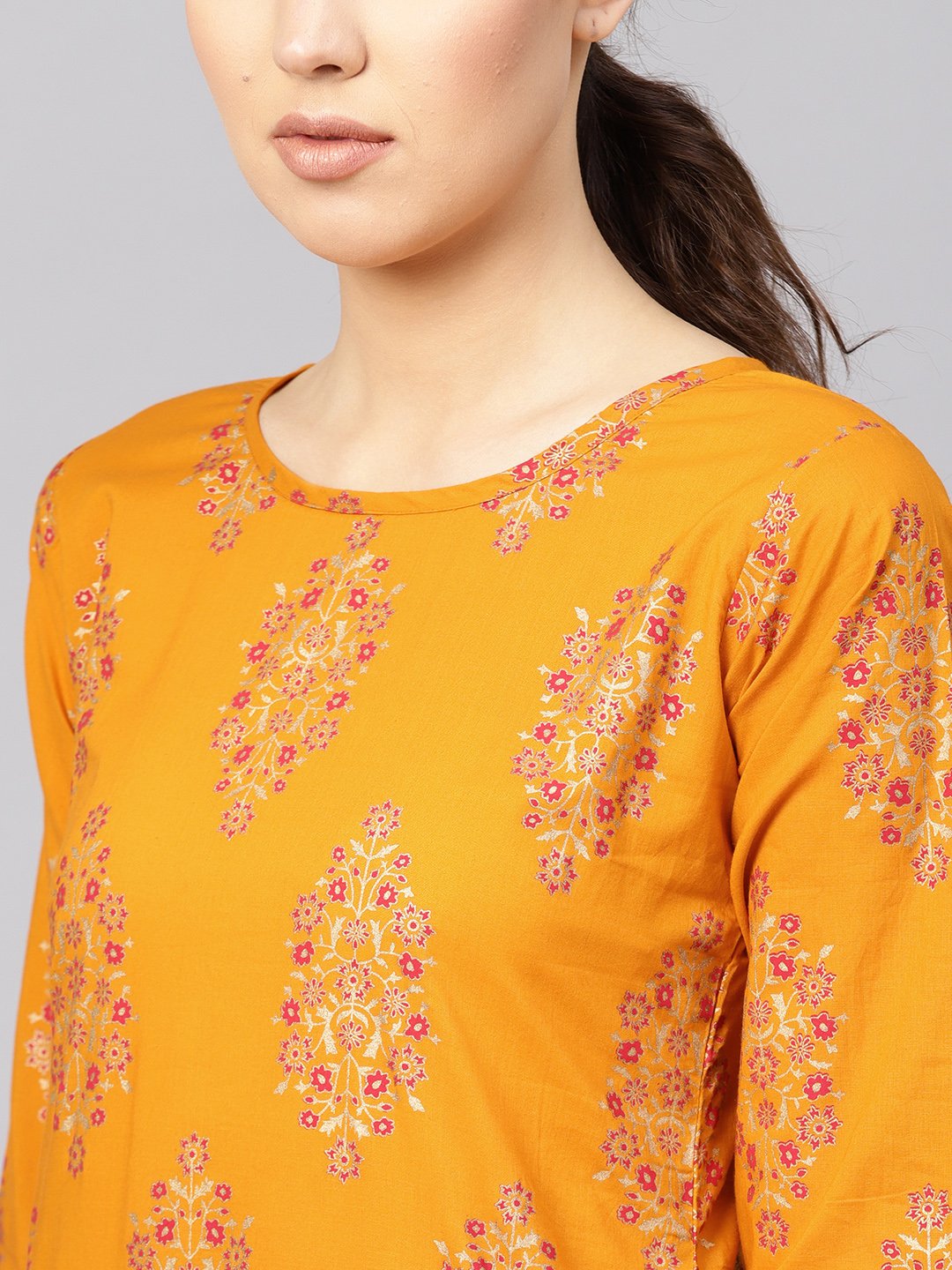 Women Mustard Yellow & Pink Printed Kurta With Skirt | LASVINI - Redefining Indian Fashion with Elegance