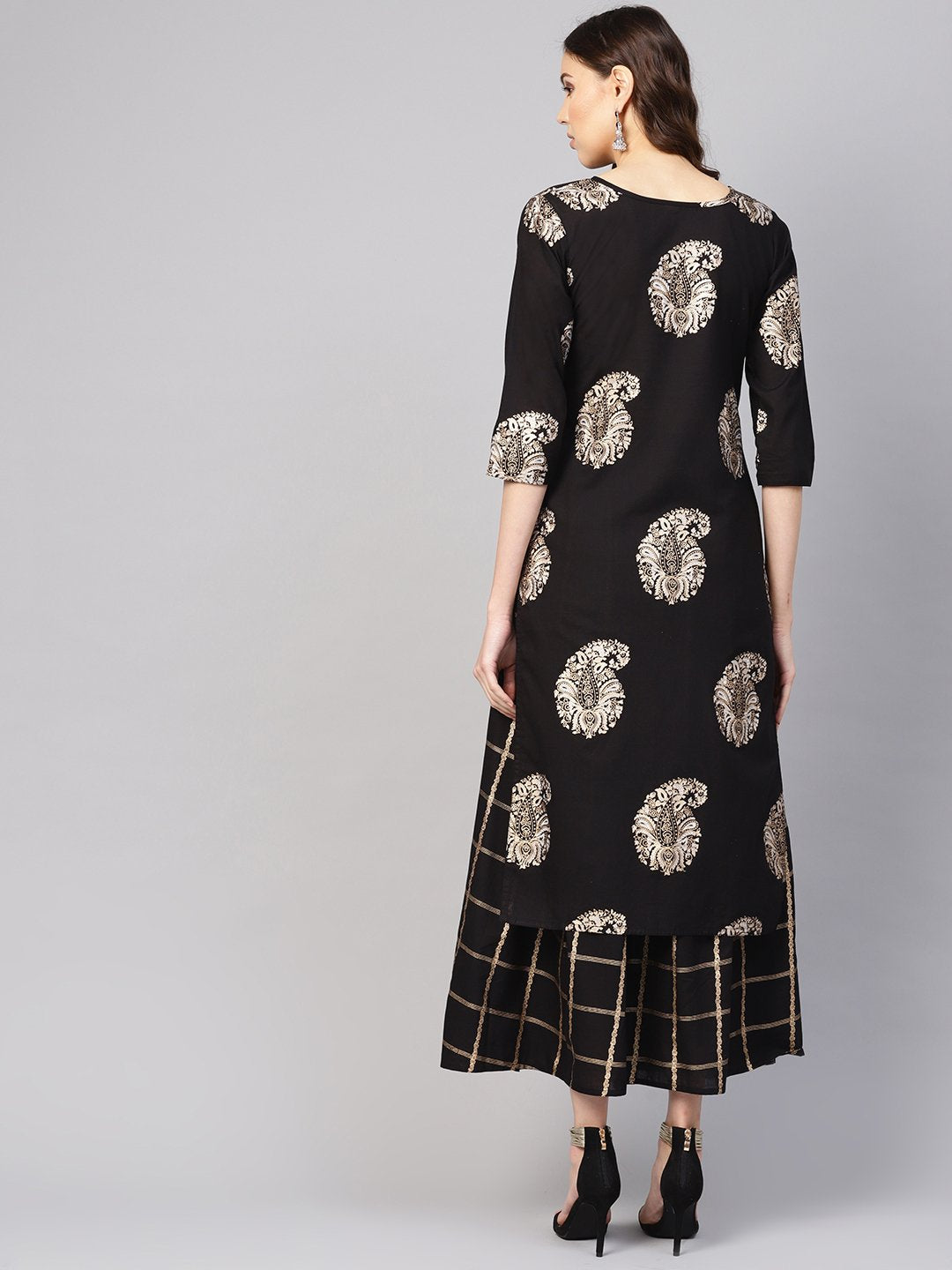 Women Black & Golden Printed Kurta With Skirt | LASVINI - Redefining Indian Fashion with Elegance