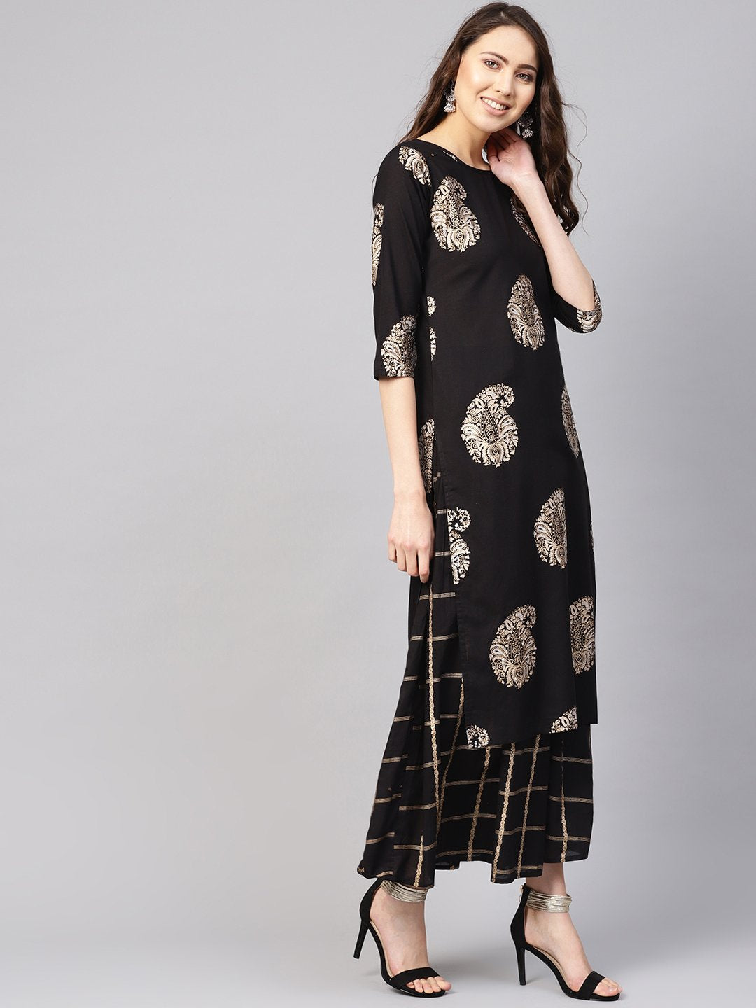 Women Black & Golden Printed Kurta With Skirt | LASVINI - Redefining Indian Fashion with Elegance