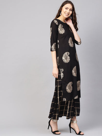 Women Black & Golden Printed Kurta With Skirt | LASVINI - Redefining Indian Fashion with Elegance