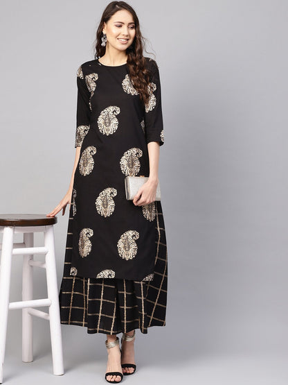 Women Black & Golden Printed Kurta With Skirt | LASVINI - Redefining Indian Fashion with Elegance