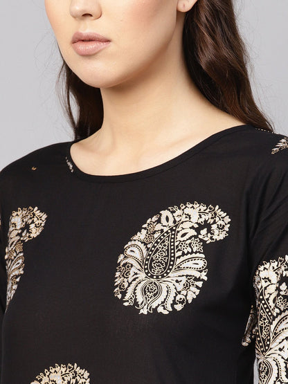 Women Black & Golden Printed Kurta With Skirt | LASVINI - Redefining Indian Fashion with Elegance