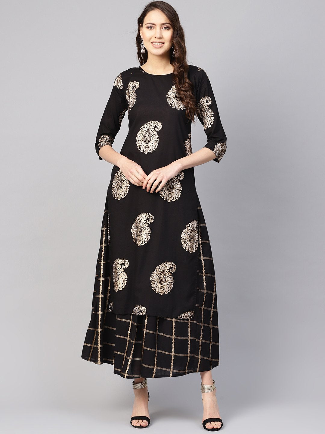 Women Black & Golden Printed Kurta With Skirt | LASVINI - Redefining Indian Fashion with Elegance