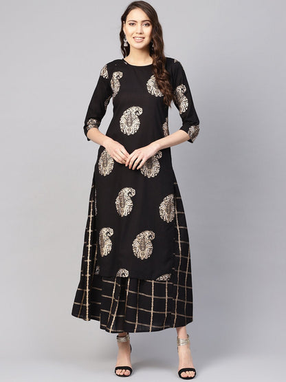 Women Black & Golden Printed Kurta With Skirt | LASVINI - Redefining Indian Fashion with Elegance
