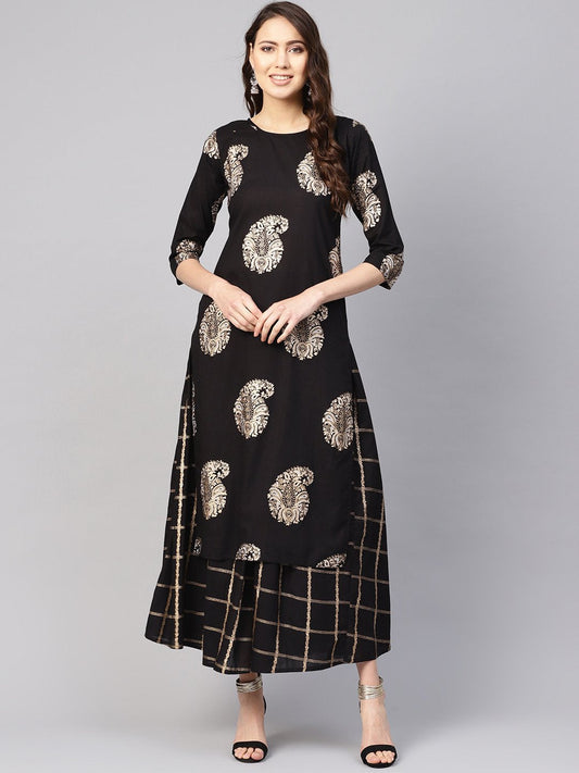 Women Black & Golden Printed Kurta With Skirt | LASVINI - Redefining Indian Fashion with Elegance
