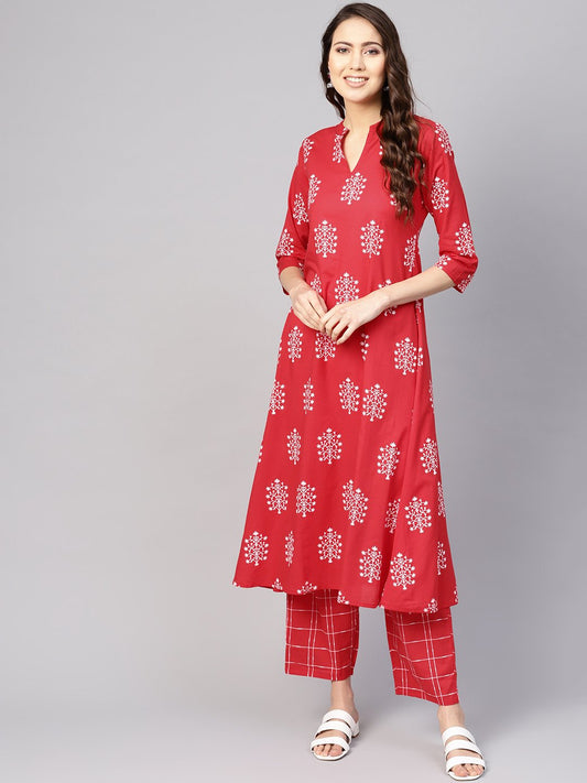 Women Red & White Printed Kurta With Trousers | LASVINI - Redefining Indian Fashion with Elegance