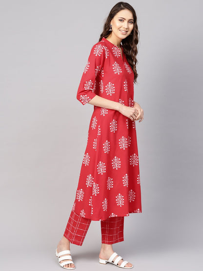 Women Red & White Printed Kurta With Trousers | LASVINI - Redefining Indian Fashion with Elegance