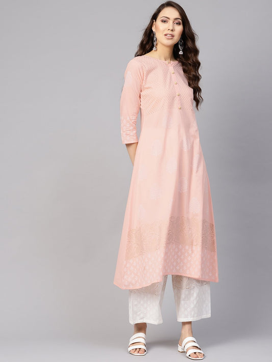 Women Peach-Coloured & White Block Print Kurta With Palazzos | LASVINI - Redefining Indian Fashion with Elegance