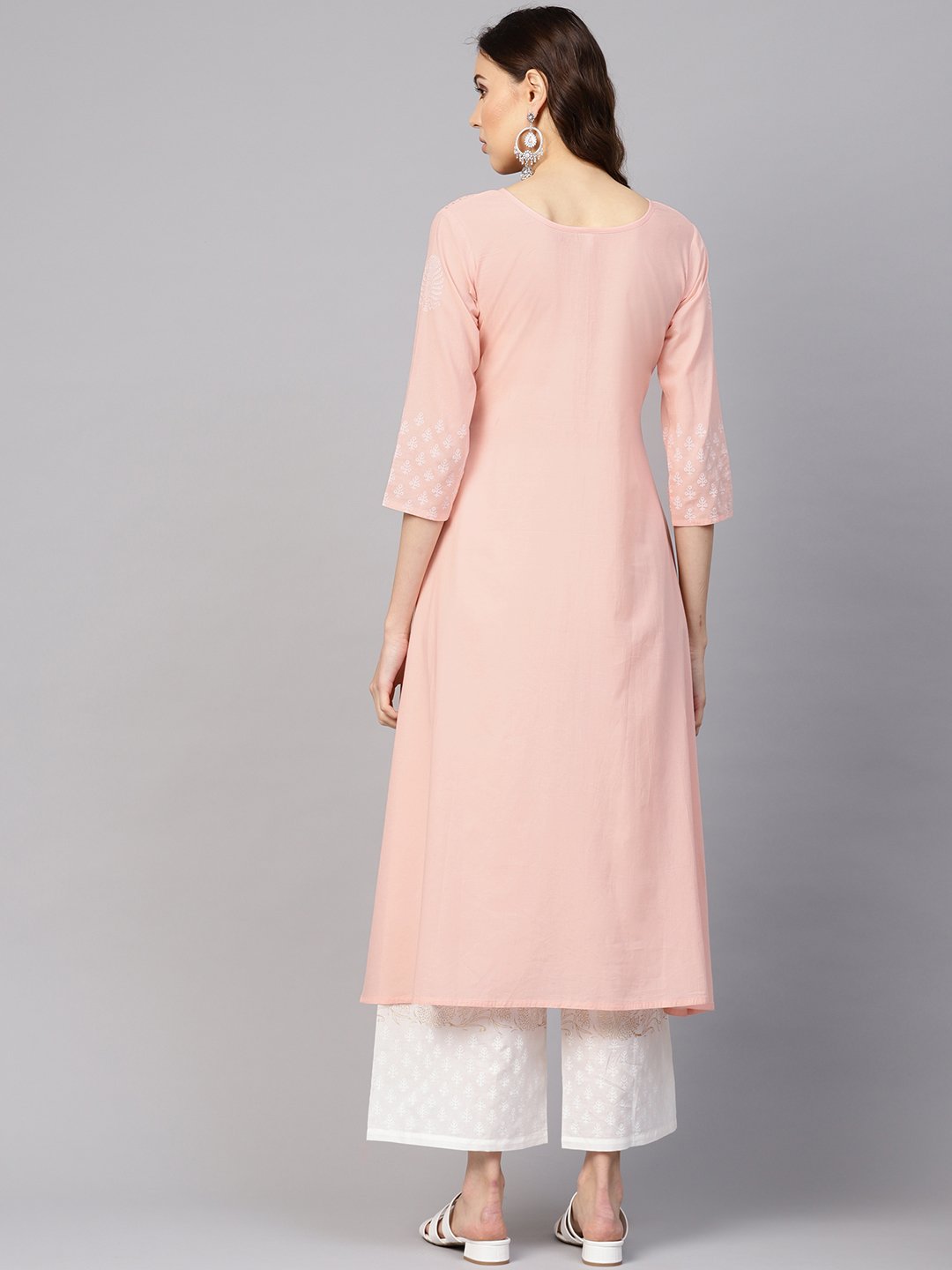 Women Peach-Coloured & White Block Print Kurta With Palazzos | LASVINI - Redefining Indian Fashion with Elegance