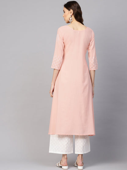 Women Peach-Coloured & White Block Print Kurta With Palazzos | LASVINI - Redefining Indian Fashion with Elegance
