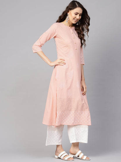 Women Peach-Coloured & White Block Print Kurta With Palazzos | LASVINI - Redefining Indian Fashion with Elegance