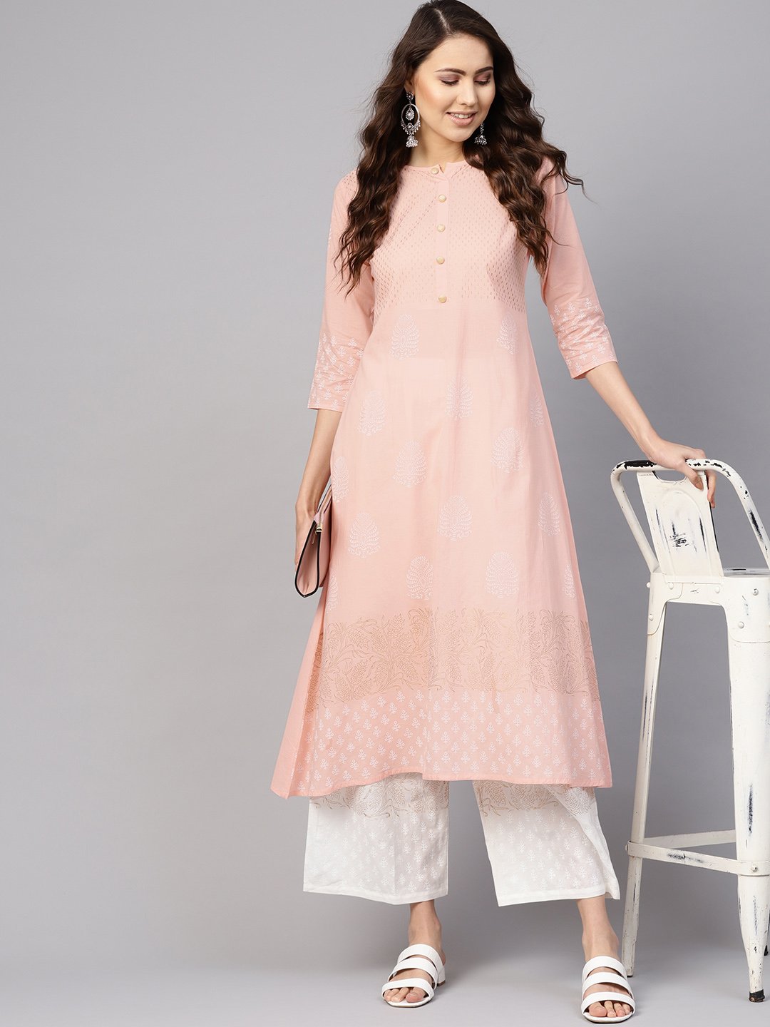 Women Peach-Coloured & White Block Print Kurta With Palazzos | LASVINI - Redefining Indian Fashion with Elegance