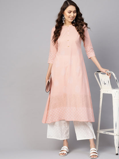 Women Peach-Coloured & White Block Print Kurta With Palazzos | LASVINI - Redefining Indian Fashion with Elegance