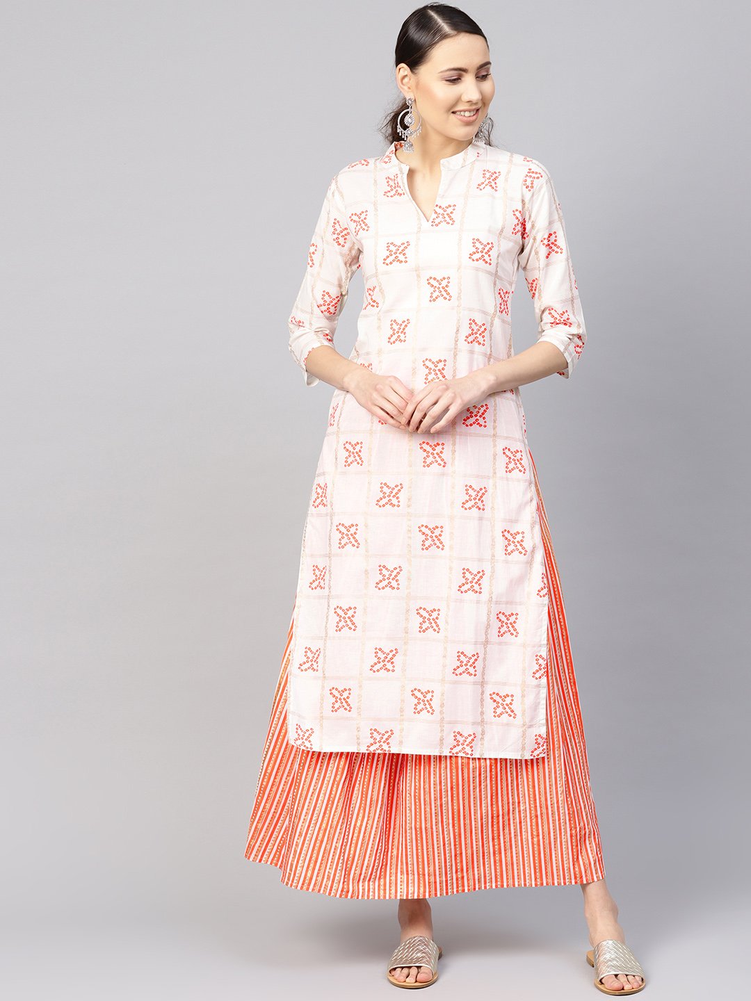 Women White & Orange Printed Kurta With Skirt | LASVINI - Redefining Indian Fashion with Elegance