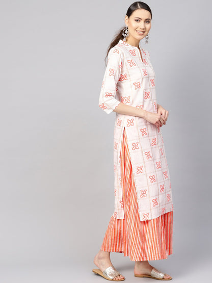 Women White & Orange Printed Kurta With Skirt | LASVINI - Redefining Indian Fashion with Elegance
