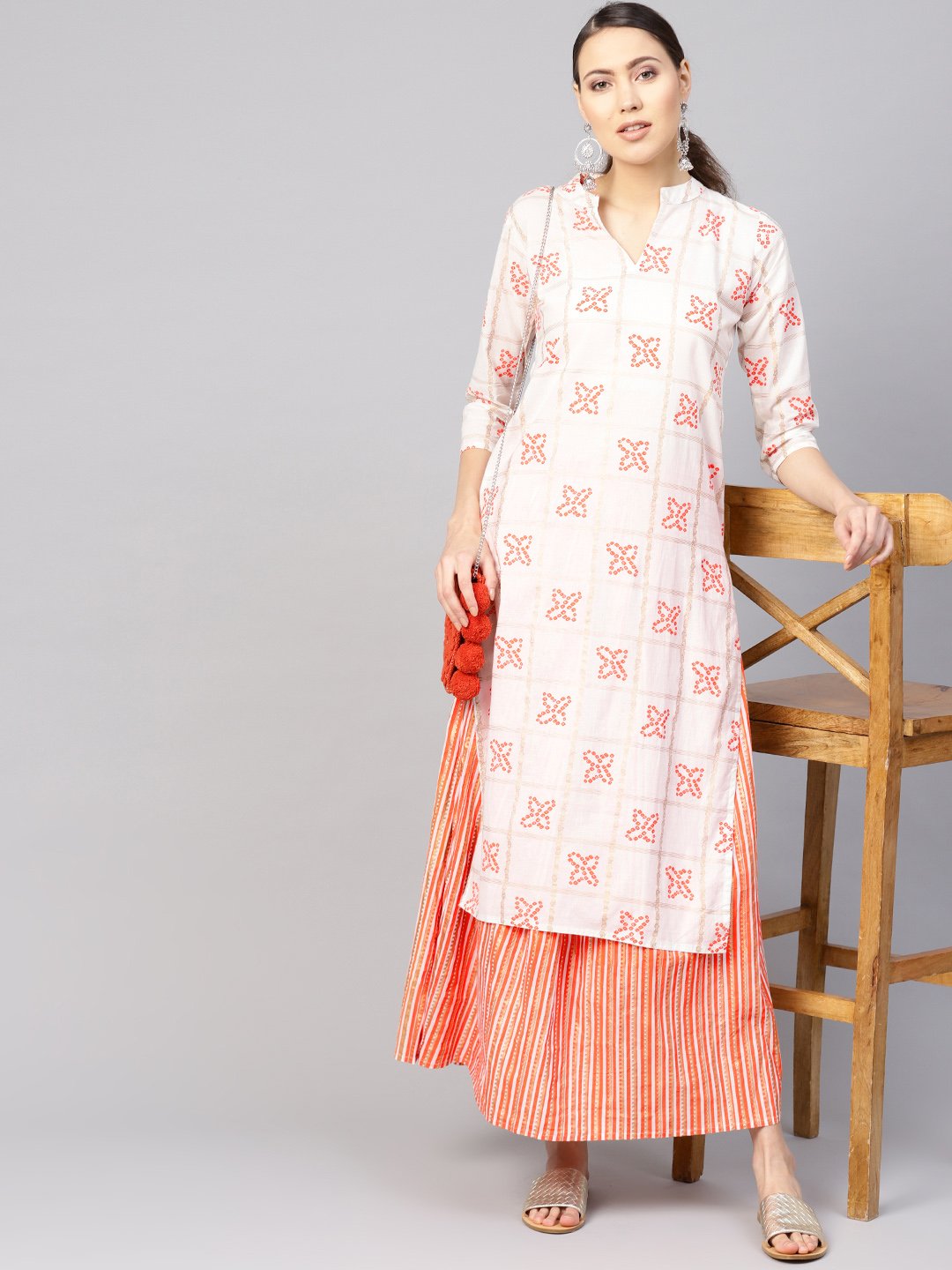 Women White & Orange Printed Kurta With Skirt | LASVINI - Redefining Indian Fashion with Elegance