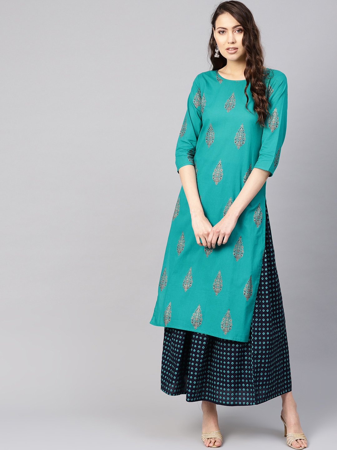 Women Green & Navy Blue Printed Kurta With Skirt | LASVINI - Redefining Indian Fashion with Elegance