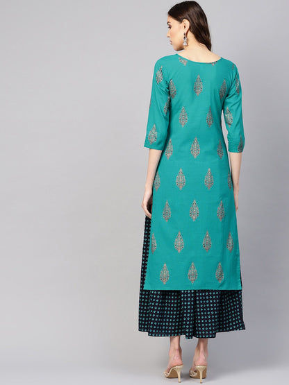 Women Green & Navy Blue Printed Kurta With Skirt | LASVINI - Redefining Indian Fashion with Elegance