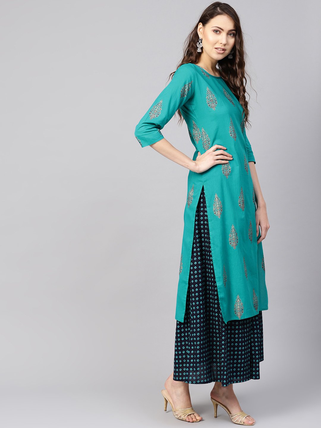 Women Green & Navy Blue Printed Kurta With Skirt | LASVINI - Redefining Indian Fashion with Elegance