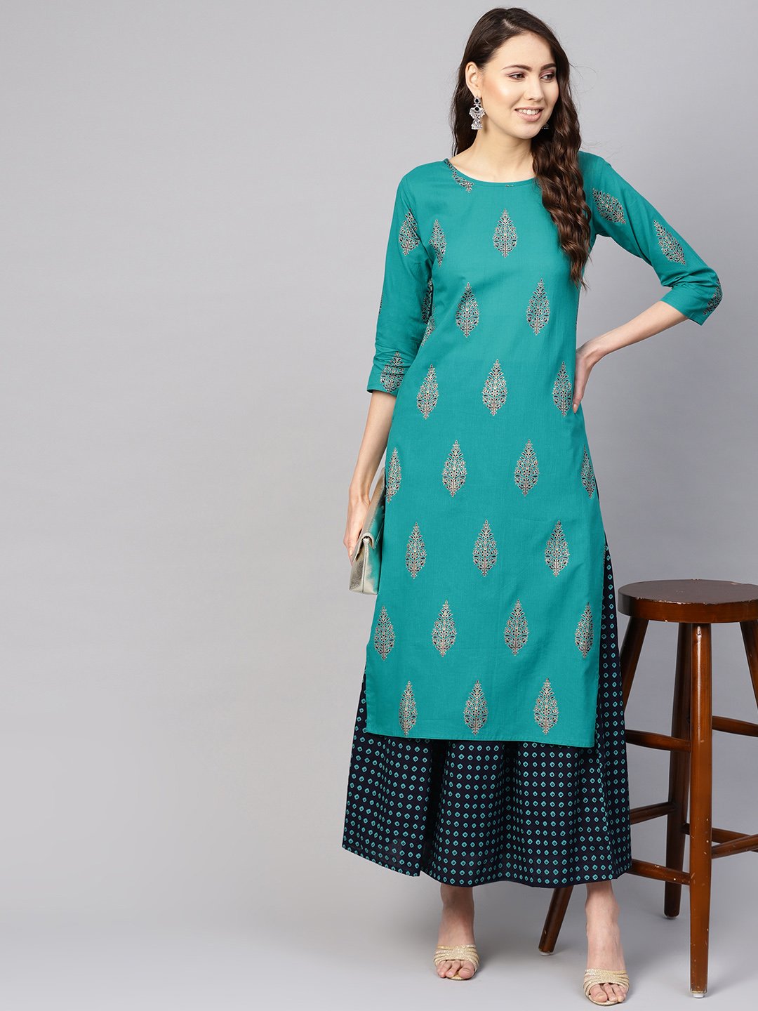 Women Green & Navy Blue Printed Kurta With Skirt | LASVINI - Redefining Indian Fashion with Elegance