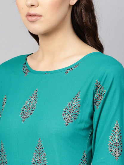 Women Green & Navy Blue Printed Kurta With Skirt | LASVINI - Redefining Indian Fashion with Elegance