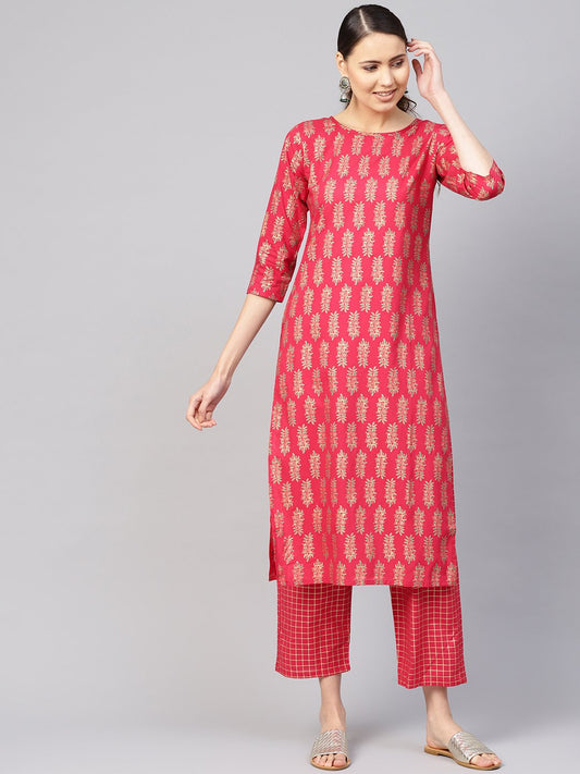 Women Red & Golden Printed Kurta With Trousers | LASVINI - Redefining Indian Fashion with Elegance