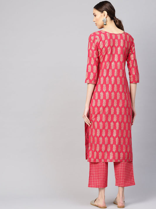 Women Red & Golden Printed Kurta With Trousers | LASVINI - Redefining Indian Fashion with Elegance