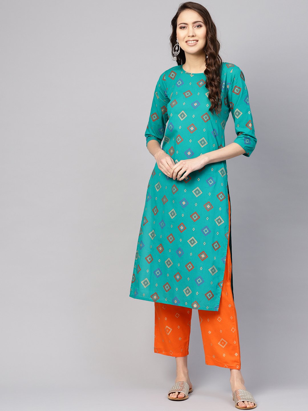 Women Green & Orange Printed Kurta With Palazzos | LASVINI - Redefining Indian Fashion with Elegance