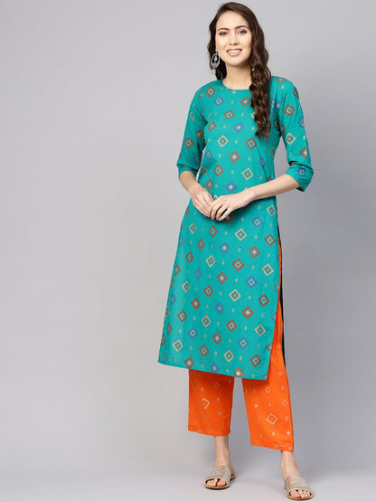 Women Green & Orange Printed Kurta With Palazzos | LASVINI - Redefining Indian Fashion with Elegance