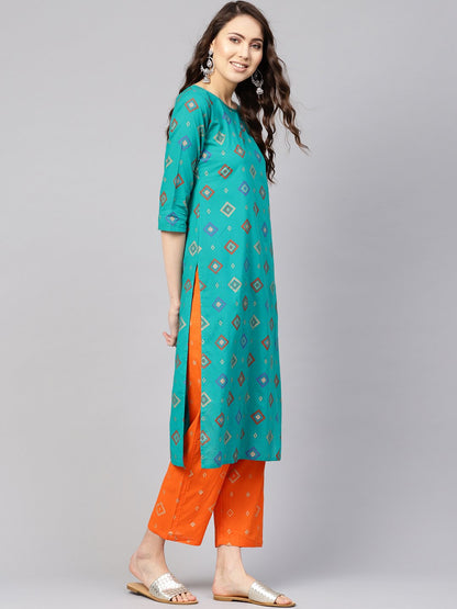 Women Green & Orange Printed Kurta With Palazzos | LASVINI - Redefining Indian Fashion with Elegance