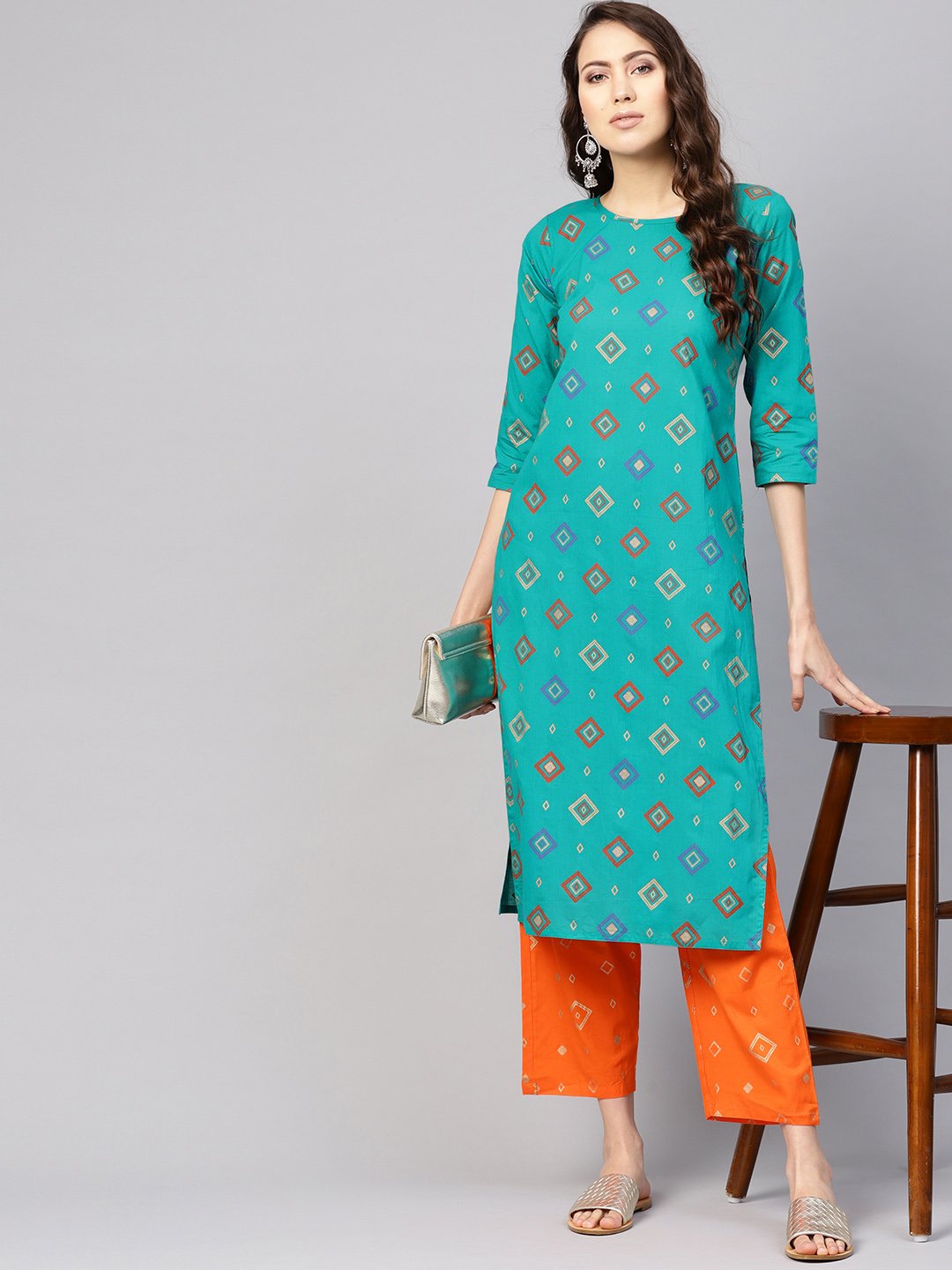 Women Green & Orange Printed Kurta With Palazzos | LASVINI - Redefining Indian Fashion with Elegance