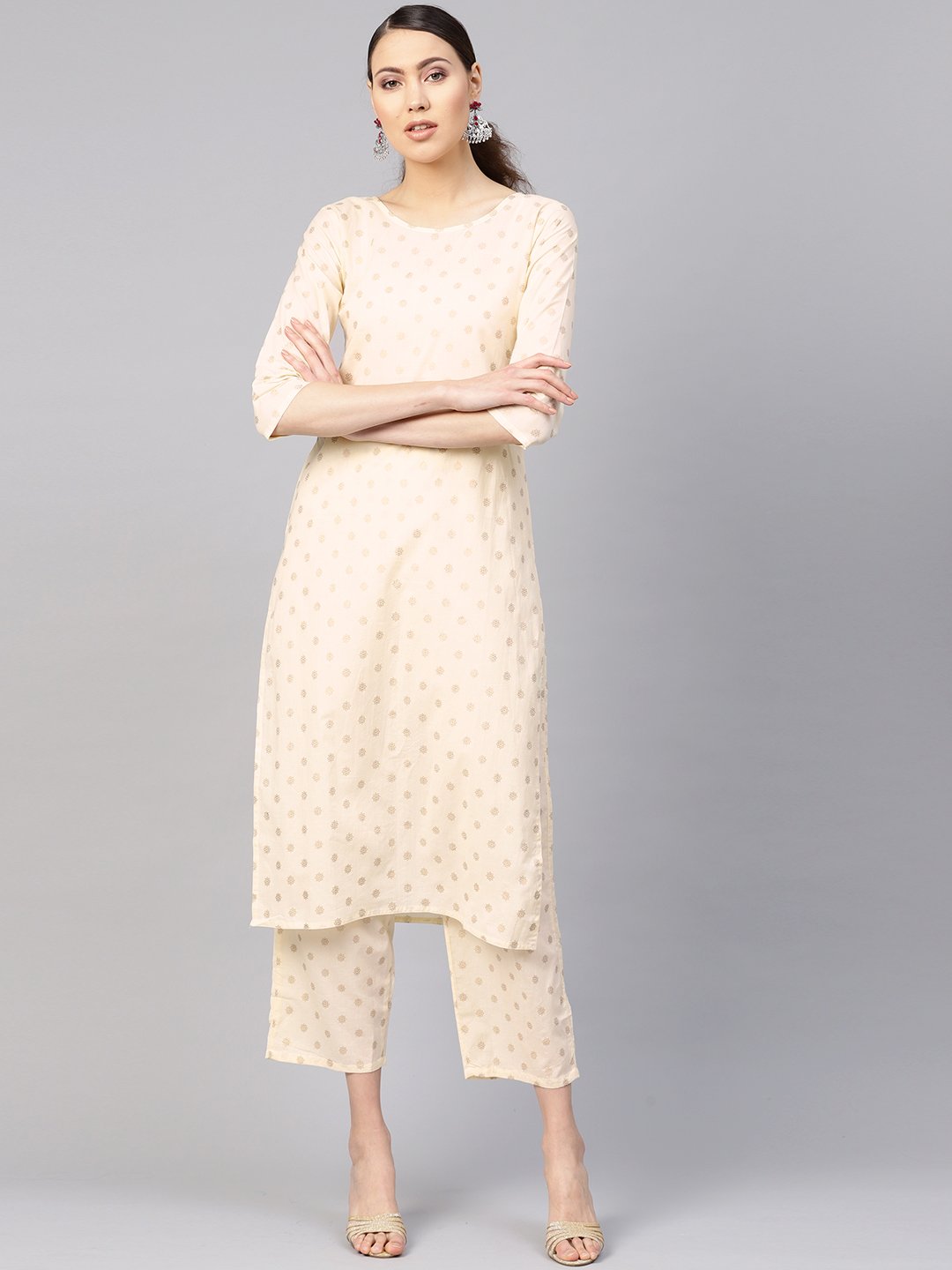 Women Cream-Coloured & Golden Printed Kurta With Trousers | LASVINI - Redefining Indian Fashion with Elegance