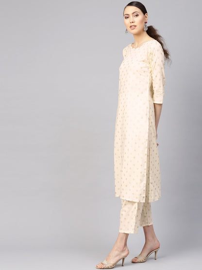 Women Cream-Coloured & Golden Printed Kurta With Trousers | LASVINI - Redefining Indian Fashion with Elegance
