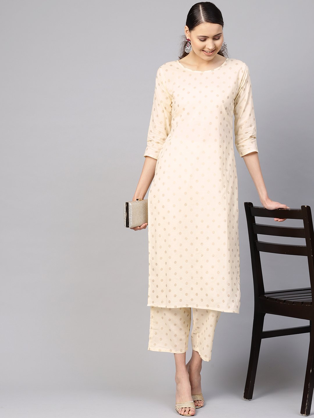 Women Cream-Coloured & Golden Printed Kurta With Trousers | LASVINI - Redefining Indian Fashion with Elegance