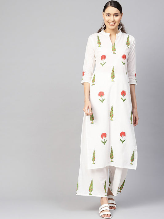 Women White & Green Printed Kurta With Palazzos | LASVINI - Redefining Indian Fashion with Elegance