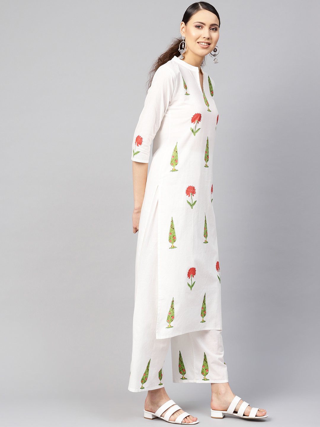 Women White & Green Printed Kurta With Palazzos | LASVINI - Redefining Indian Fashion with Elegance
