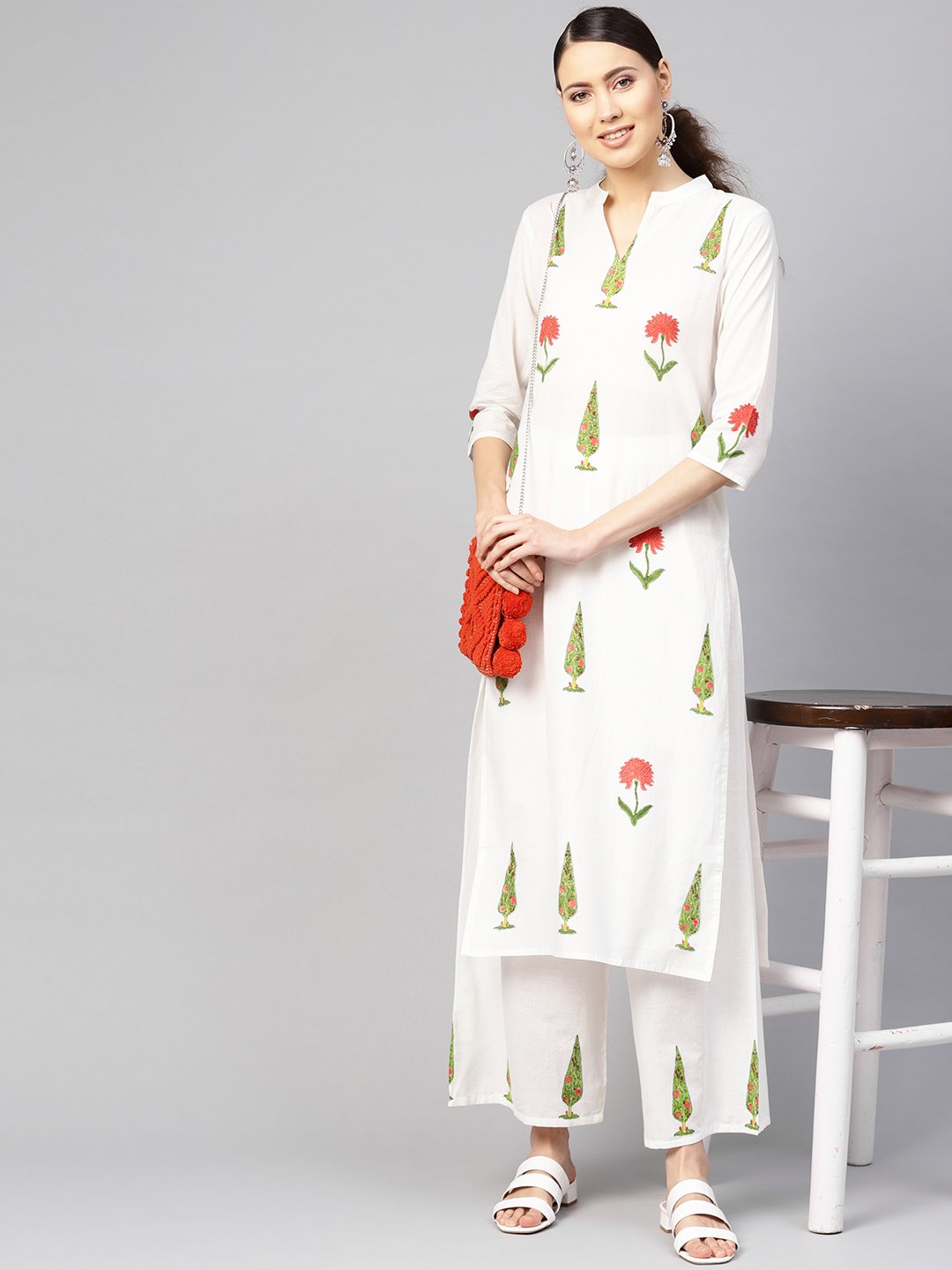 Women White & Green Printed Kurta With Palazzos | LASVINI - Redefining Indian Fashion with Elegance