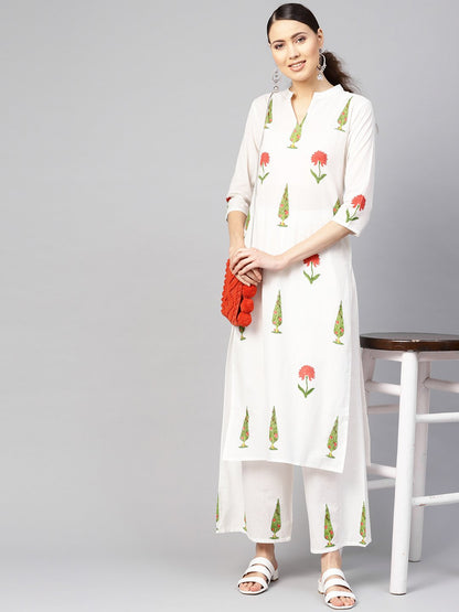 Women White & Green Printed Kurta With Palazzos | LASVINI - Redefining Indian Fashion with Elegance
